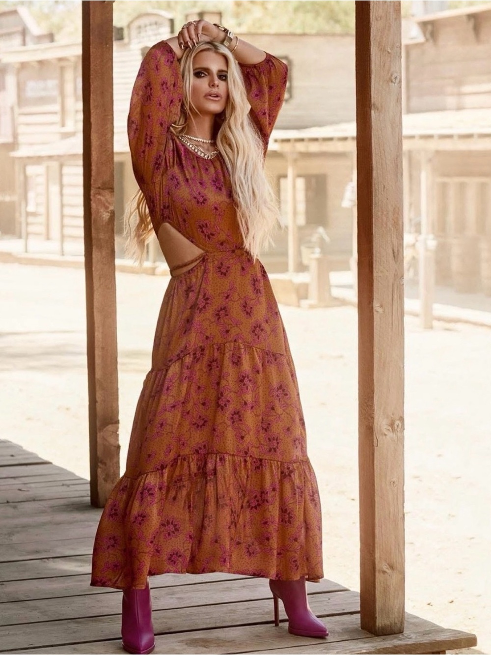 Jessica  Simpson Kezia Glazed Ginger Botanical Pebbles Rust Fuchsia Maxi Dress